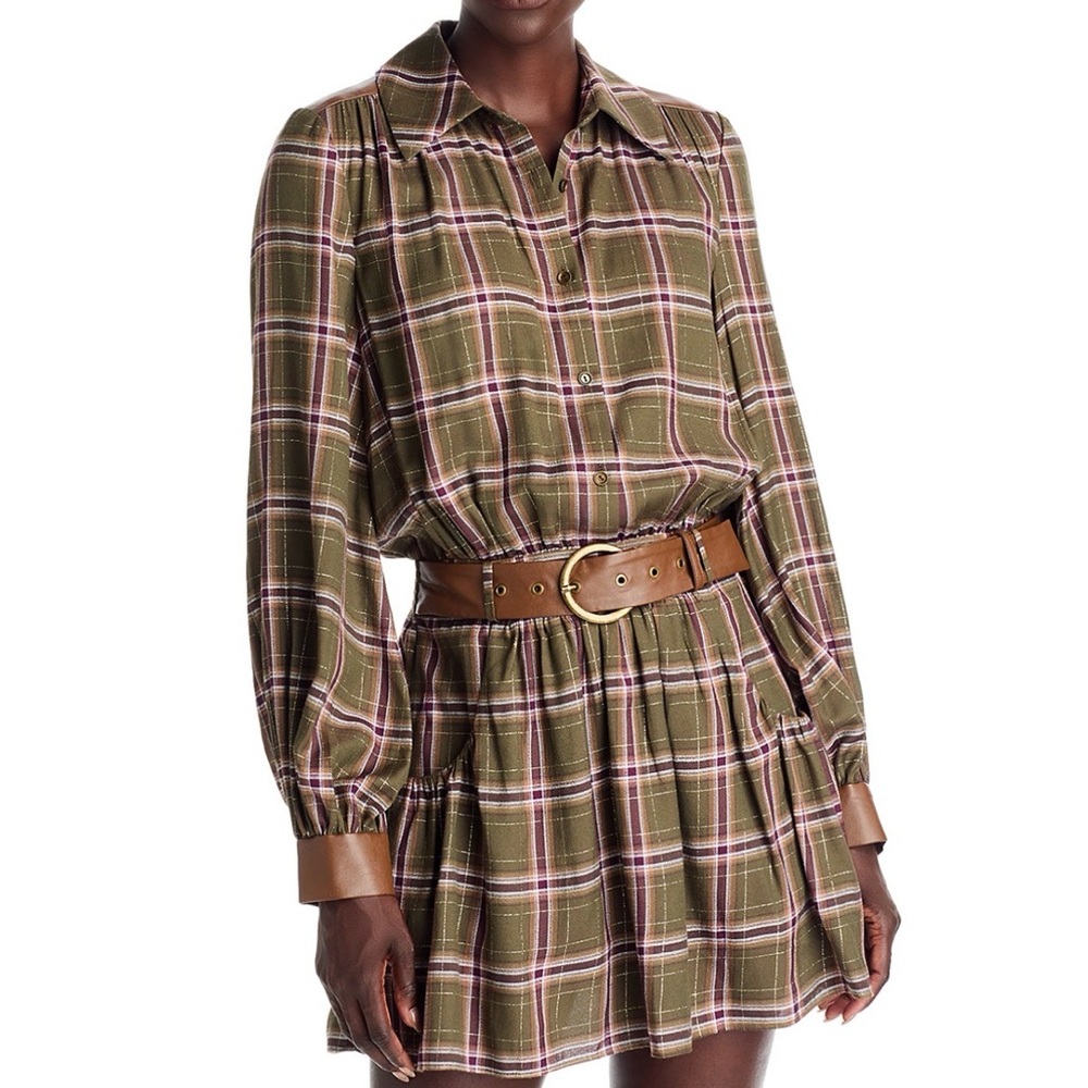 Ramy Brook Plaid Shirt Mini Dress with Brown Belt